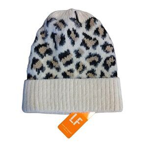 LF Love Of Fashion Ivory Animal Print Cuffed Acrylic Nylon Beanie NWT